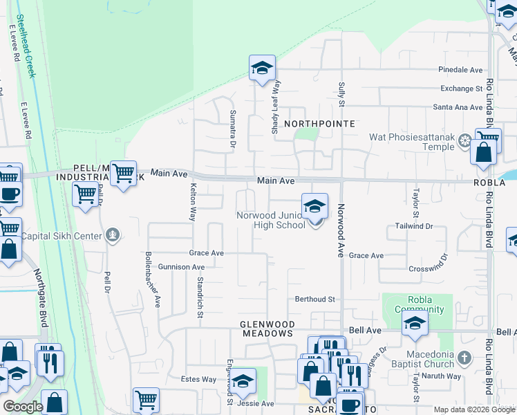 map of restaurants, bars, coffee shops, grocery stores, and more near 4715 Nashua Way in Sacramento
