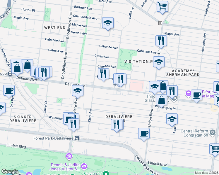 map of restaurants, bars, coffee shops, grocery stores, and more near 5540 Delmar Boulevard in St. Louis