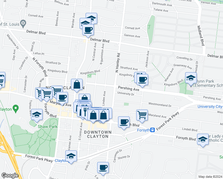 map of restaurants, bars, coffee shops, grocery stores, and more near 150 Linden Avenue in St. Louis