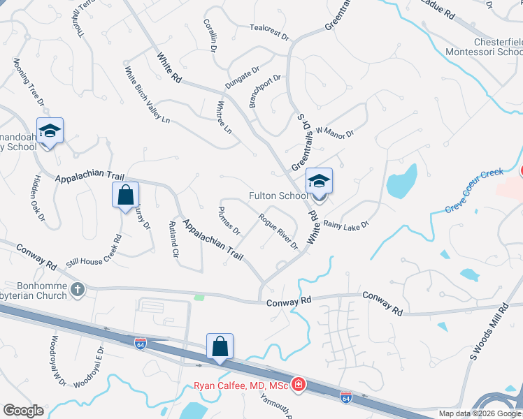 map of restaurants, bars, coffee shops, grocery stores, and more near 14556 Coeur Dalene Court in Chesterfield