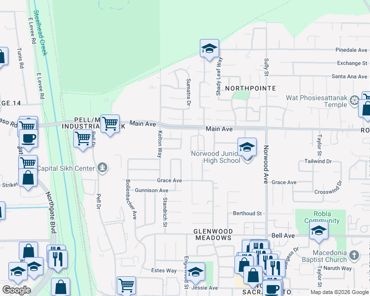 map of restaurants, bars, coffee shops, grocery stores, and more near 240 Arbor Crest Way in Sacramento