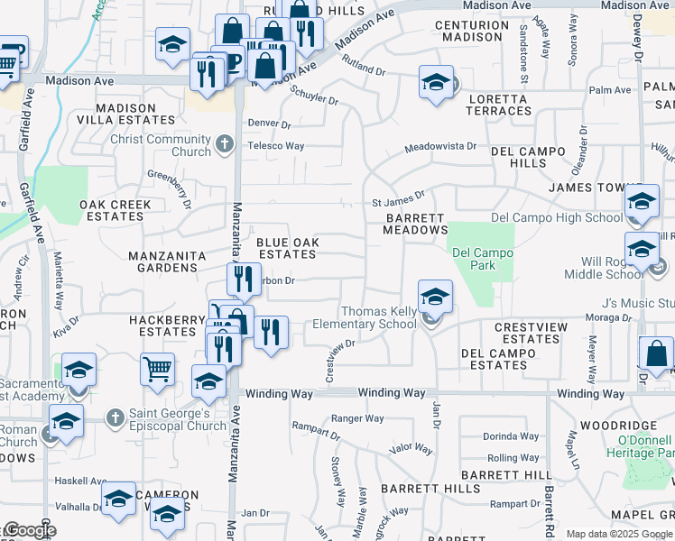 map of restaurants, bars, coffee shops, grocery stores, and more near 6045 Bourbon Drive in Carmichael