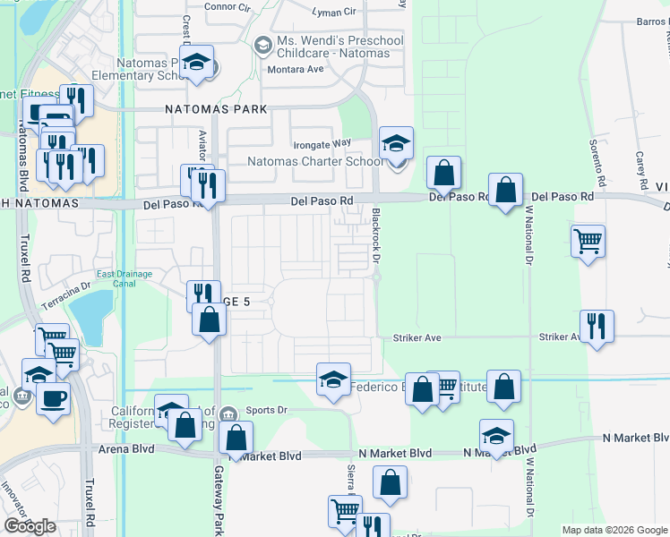 map of restaurants, bars, coffee shops, grocery stores, and more near 1655 Aleppo Lane in Sacramento