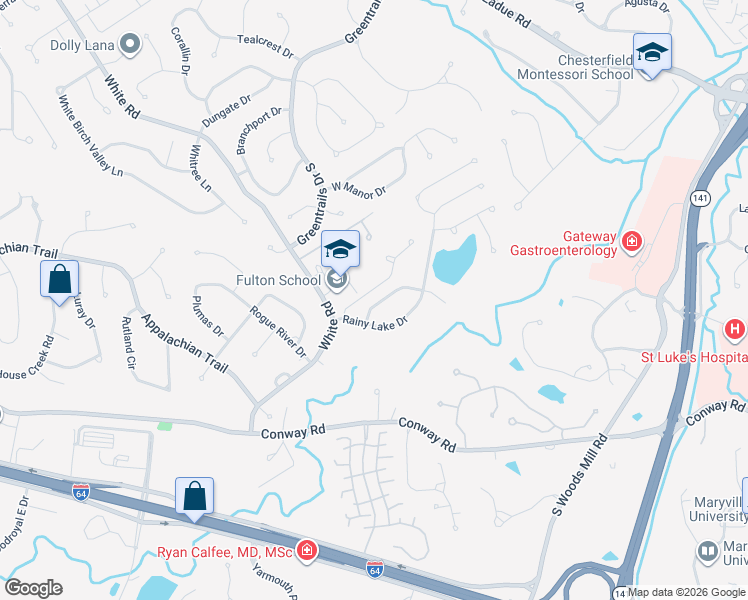 map of restaurants, bars, coffee shops, grocery stores, and more near 14359 Lake Tahoe Drive in Chesterfield