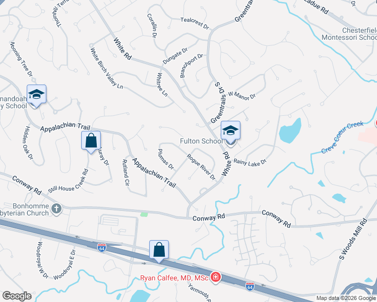 map of restaurants, bars, coffee shops, grocery stores, and more near 14556 Coeur Dalene Court in Chesterfield