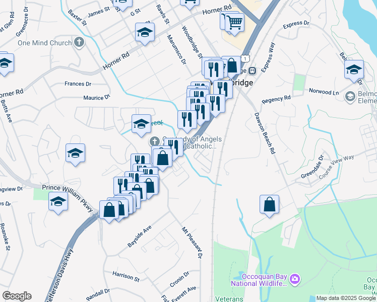 map of restaurants, bars, coffee shops, grocery stores, and more near 13725 Richmond Highway in Woodbridge
