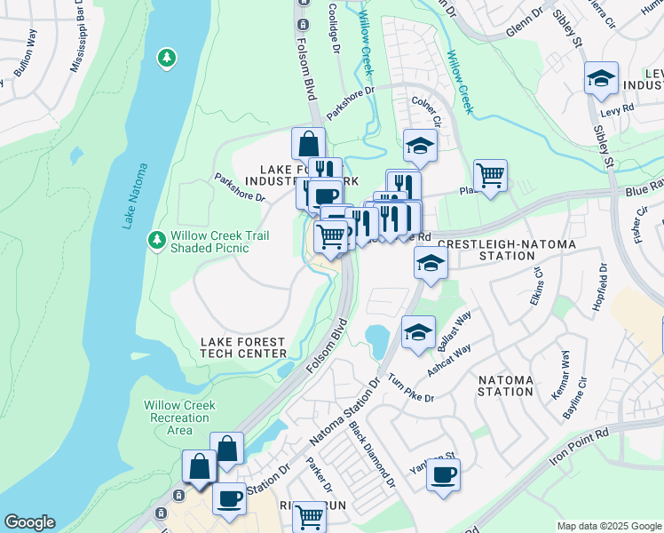 map of restaurants, bars, coffee shops, grocery stores, and more near 13385 Folsom Boulevard in Folsom