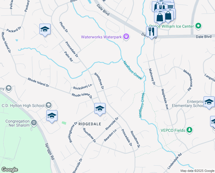 map of restaurants, bars, coffee shops, grocery stores, and more near 5650 Rowser Drive in Woodbridge