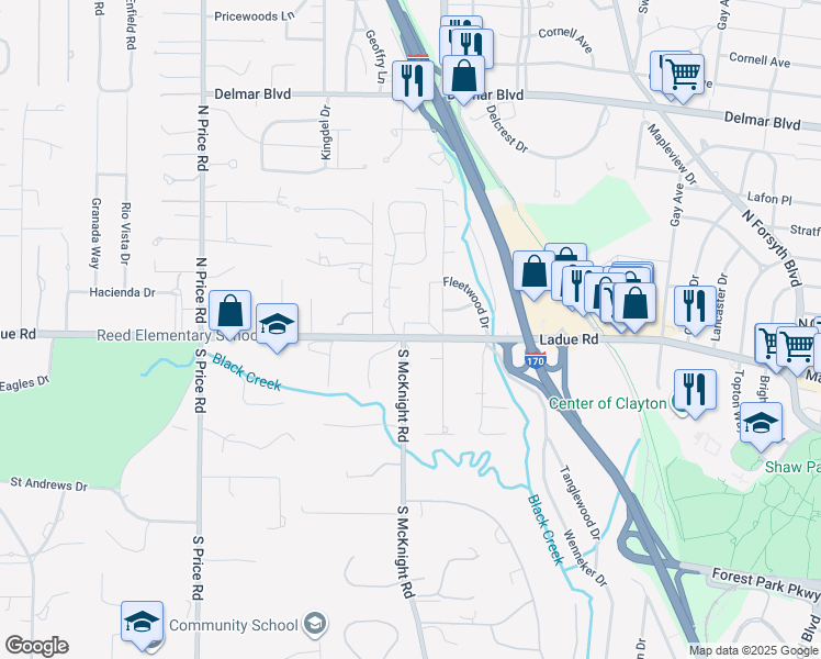 map of restaurants, bars, coffee shops, grocery stores, and more near 60 Ladue Terrace in St. Louis