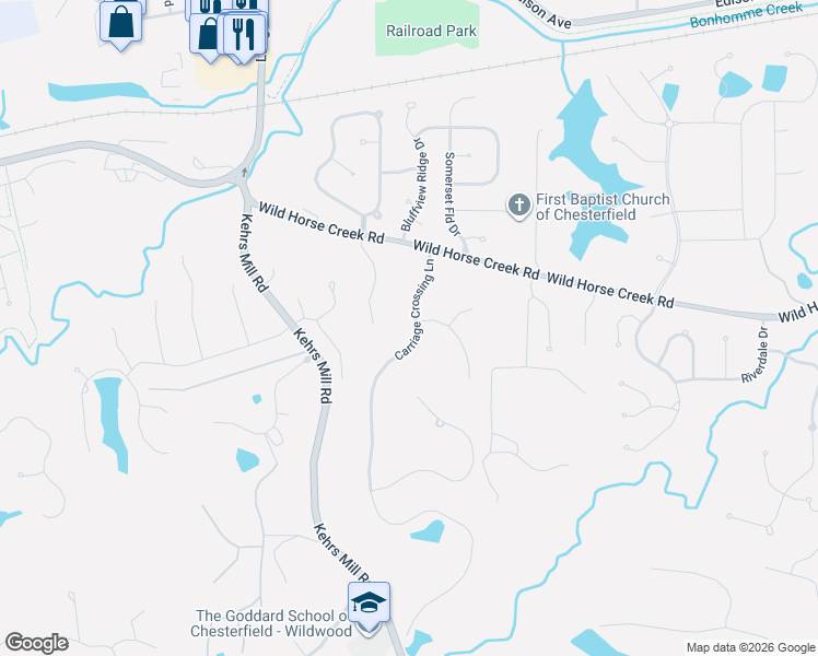 map of restaurants, bars, coffee shops, grocery stores, and more near 1325 Carriage Crossing Lane in Chesterfield