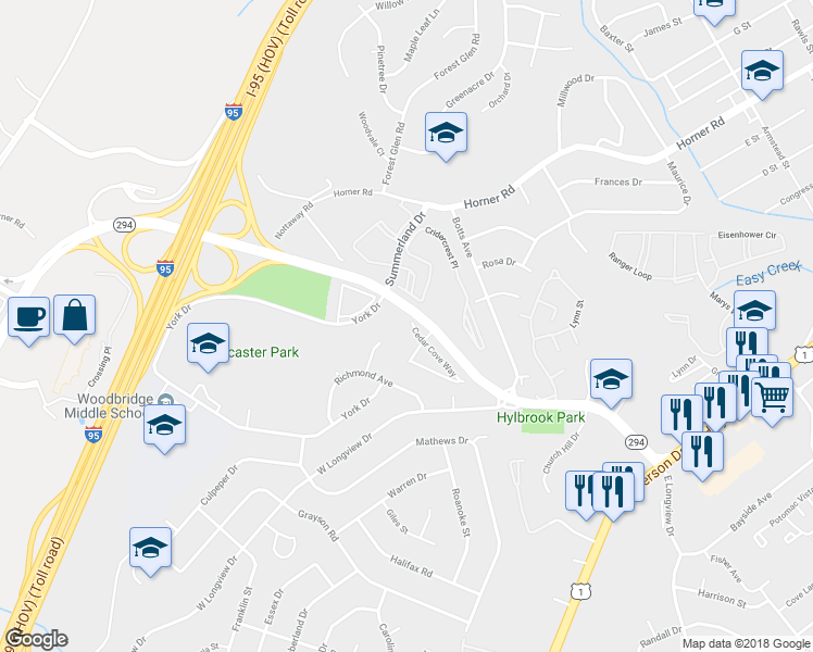 map of restaurants, bars, coffee shops, grocery stores, and more near 1865 Cedar Cove Way in Woodbridge