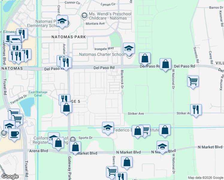 map of restaurants, bars, coffee shops, grocery stores, and more near 1655 Aleppo Lane in Sacramento