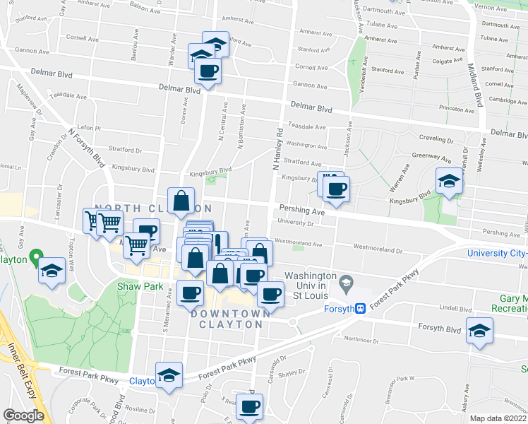 map of restaurants, bars, coffee shops, grocery stores, and more near 150 Linden Avenue in St. Louis