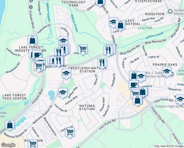 map of restaurants, bars, coffee shops, grocery stores, and more near 116 Elkins Circle in Folsom
