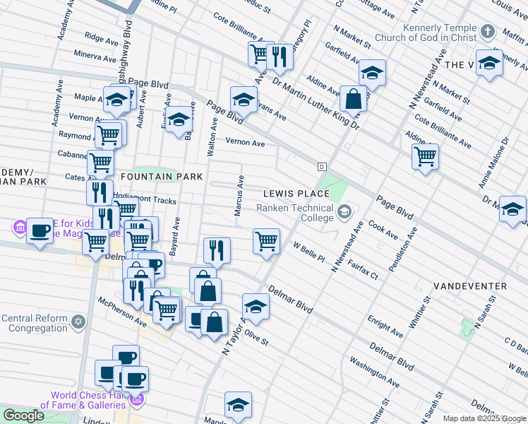 map of restaurants, bars, coffee shops, grocery stores, and more near 4557 McMillan Avenue in St. Louis