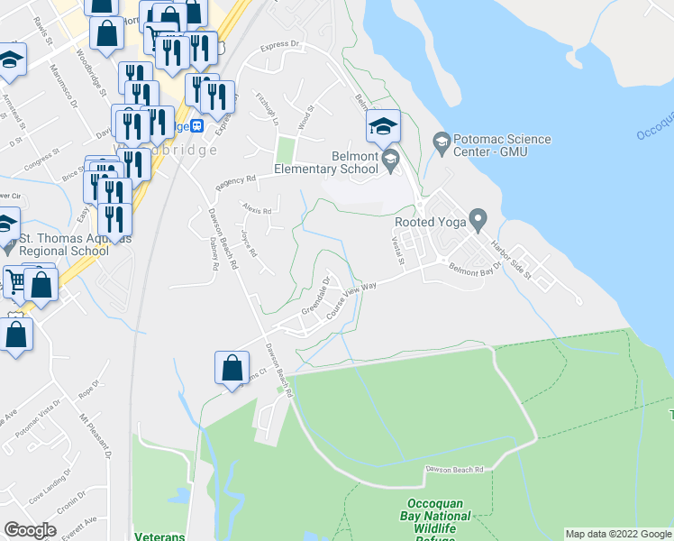 map of restaurants, bars, coffee shops, grocery stores, and more near 13834 Greendale Drive in Woodbridge