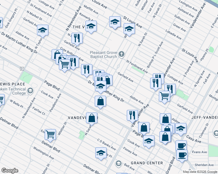 map of restaurants, bars, coffee shops, grocery stores, and more near 1512 Belle Glade Avenue in St. Louis