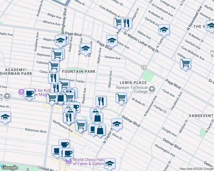 map of restaurants, bars, coffee shops, grocery stores, and more near 4708 McMillan Avenue in St. Louis