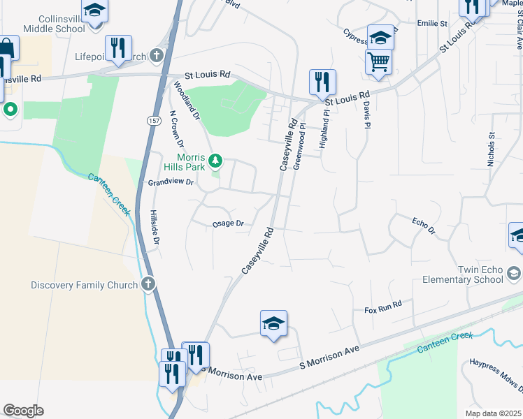 map of restaurants, bars, coffee shops, grocery stores, and more near 805 Birch Drive in Collinsville