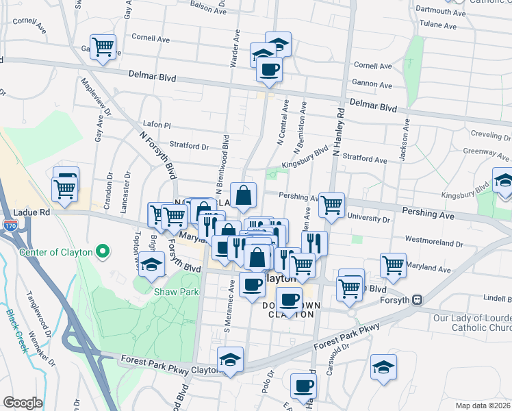 map of restaurants, bars, coffee shops, grocery stores, and more near 148 North Central Avenue in Clayton