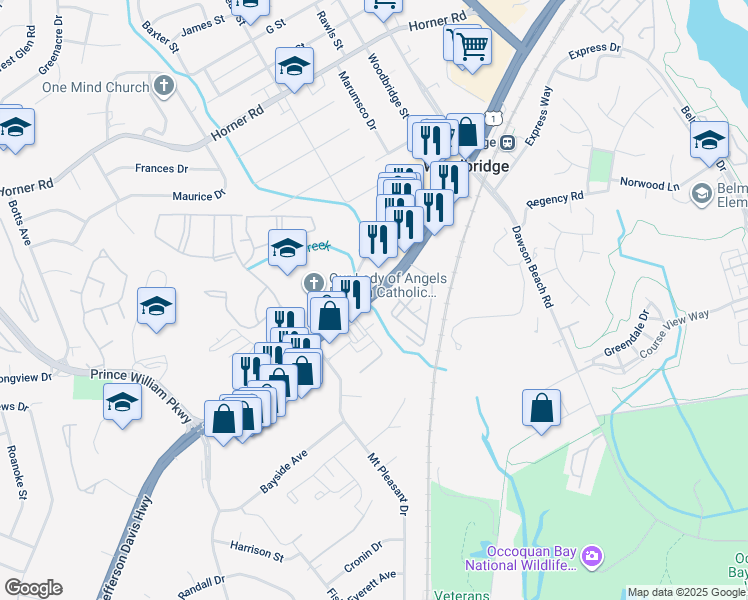 map of restaurants, bars, coffee shops, grocery stores, and more near 13725 Richmond Highway in Woodbridge