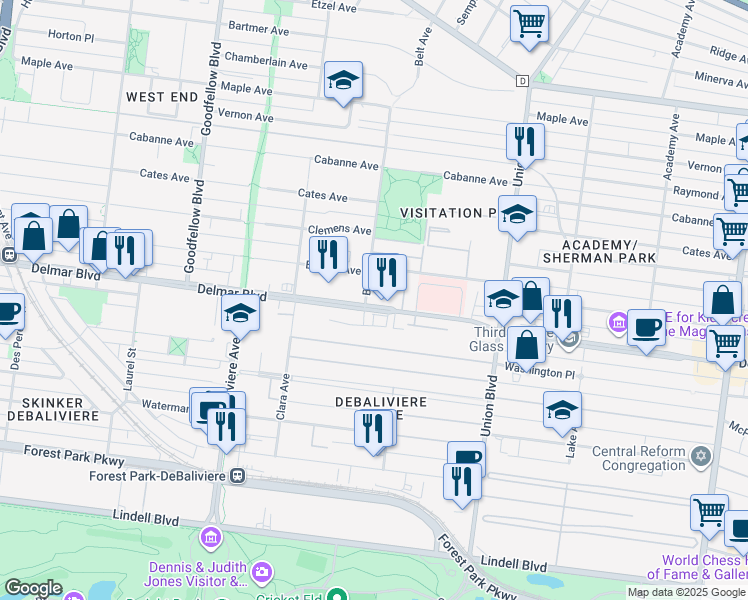map of restaurants, bars, coffee shops, grocery stores, and more near 5467 Delmar Boulevard in St. Louis