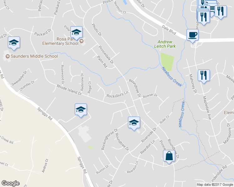 map of restaurants, bars, coffee shops, grocery stores, and more near 5730 Rocksbury Lane in Woodbridge