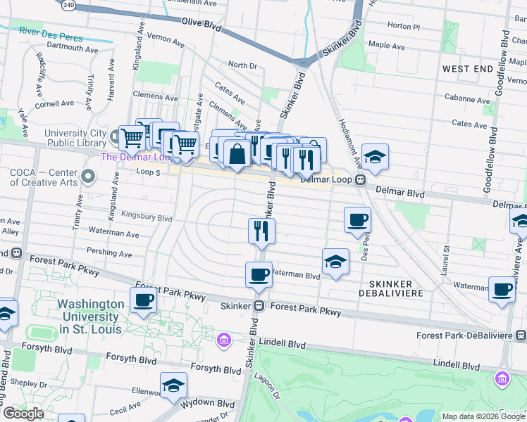 map of restaurants, bars, coffee shops, grocery stores, and more near 454 North Skinker Boulevard in St. Louis
