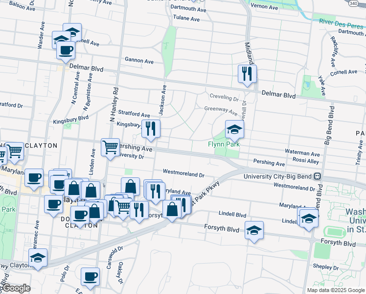 map of restaurants, bars, coffee shops, grocery stores, and more near 7361 Pershing Avenue in University City
