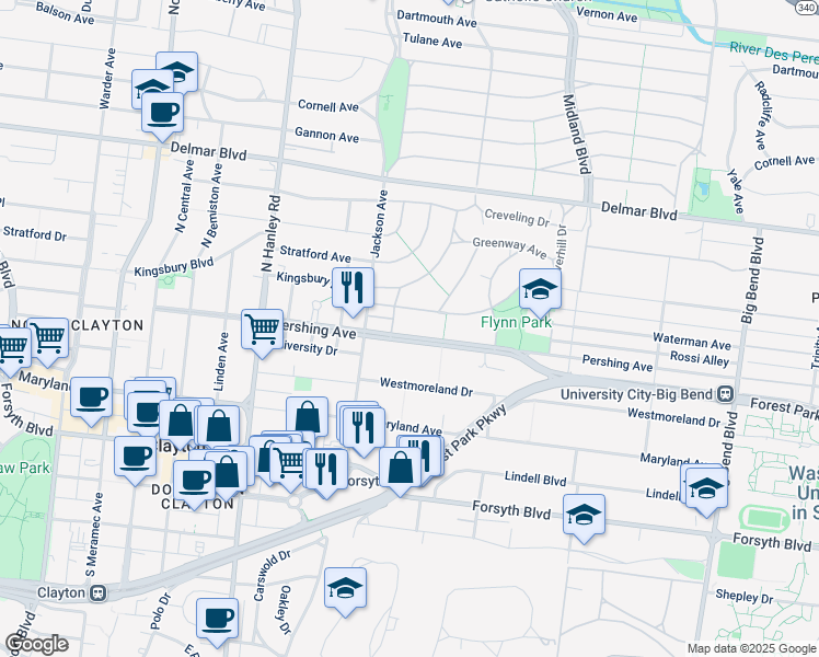 map of restaurants, bars, coffee shops, grocery stores, and more near 7361 Pershing Avenue in University City