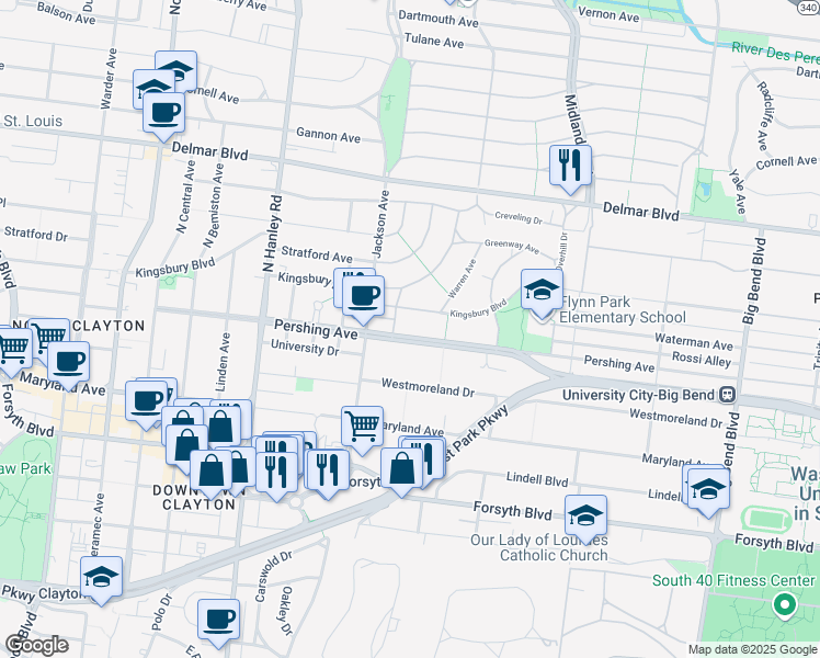 map of restaurants, bars, coffee shops, grocery stores, and more near 7379 Pershing Avenue in University City