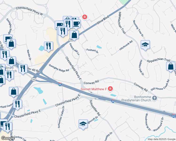 map of restaurants, bars, coffee shops, grocery stores, and more near 16 Conway Cove Drive in Chesterfield