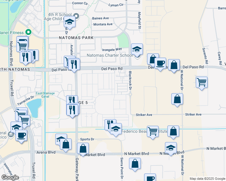 map of restaurants, bars, coffee shops, grocery stores, and more near 4515 Juneberry Drive in Sacramento