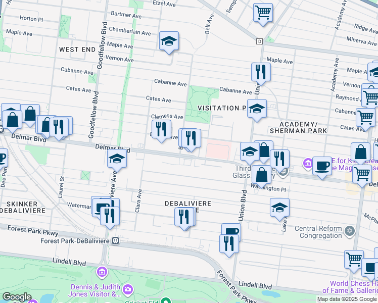 map of restaurants, bars, coffee shops, grocery stores, and more near in St. Louis