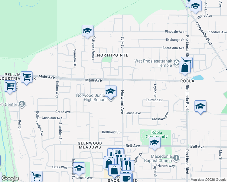 map of restaurants, bars, coffee shops, grocery stores, and more near 392 Municipal Drive in Sacramento