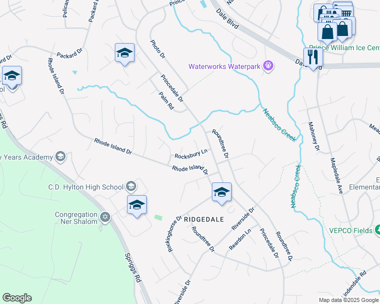 map of restaurants, bars, coffee shops, grocery stores, and more near 5730 Rocksbury Lane in Woodbridge