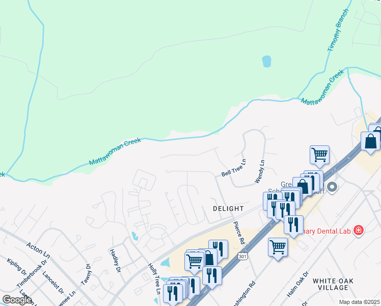 map of restaurants, bars, coffee shops, grocery stores, and more near 2127 Marbella Drive in Waldorf