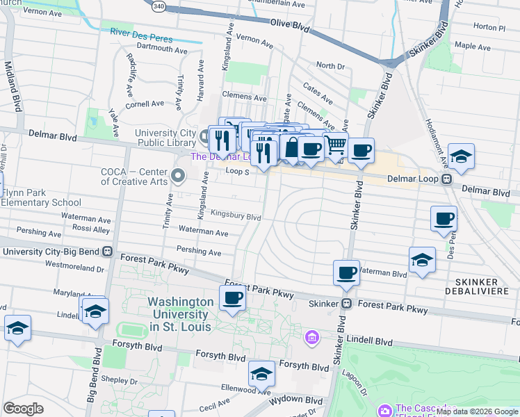 map of restaurants, bars, coffee shops, grocery stores, and more near 6601 Kingsbury Boulevard in University City
