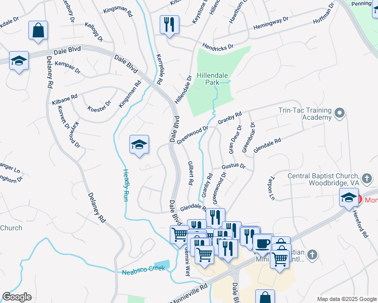 map of restaurants, bars, coffee shops, grocery stores, and more near 13707 Gilbert Road in Woodbridge