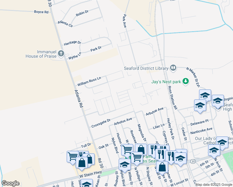 map of restaurants, bars, coffee shops, grocery stores, and more near 601 Rosemary Drive in Seaford