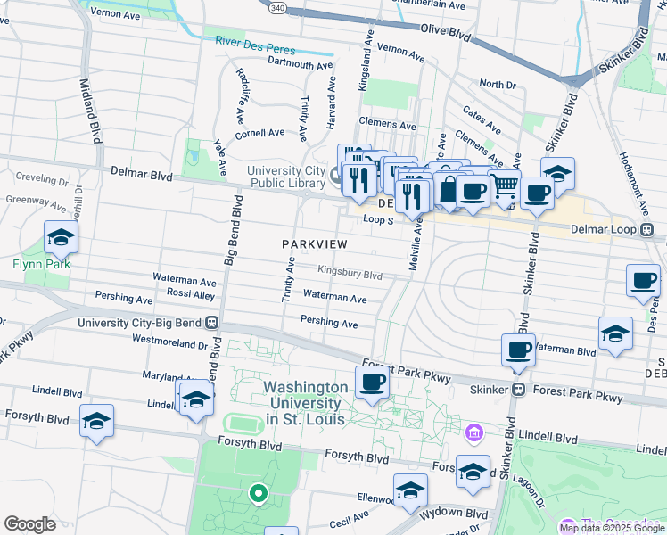 map of restaurants, bars, coffee shops, grocery stores, and more near 500 Kingsland Avenue in St. Louis