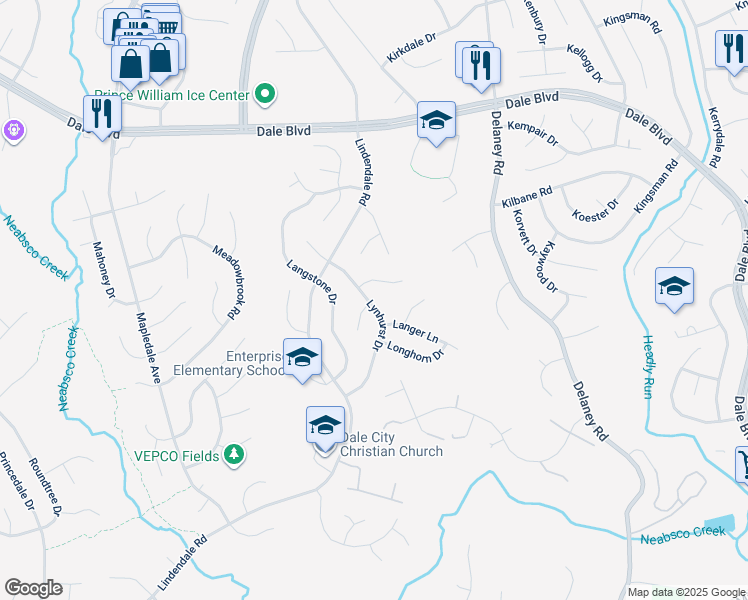 map of restaurants, bars, coffee shops, grocery stores, and more near 13729 Lynhurst Drive in Woodbridge