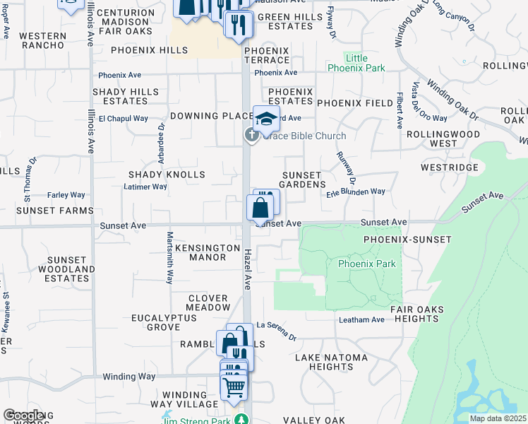 map of restaurants, bars, coffee shops, grocery stores, and more near 4820 Hazel Avenue in Fair Oaks