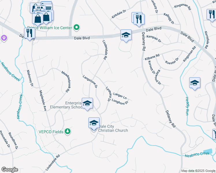 map of restaurants, bars, coffee shops, grocery stores, and more near 13729 Lynhurst Drive in Woodbridge