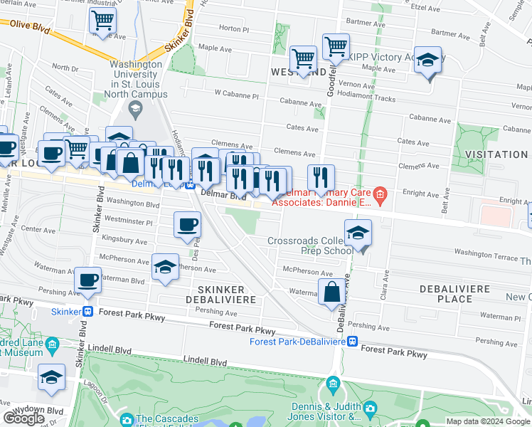 map of restaurants, bars, coffee shops, grocery stores, and more near 5869 Washington Boulevard in St. Louis