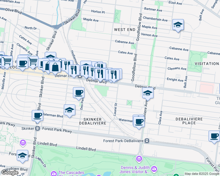 map of restaurants, bars, coffee shops, grocery stores, and more near 5869 Washington Boulevard in St. Louis