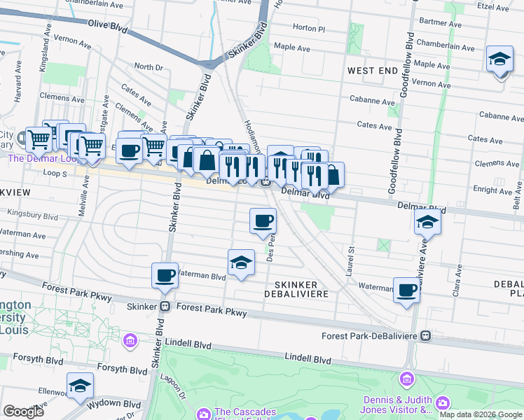 map of restaurants, bars, coffee shops, grocery stores, and more near 6001 Westminster Place in St. Louis