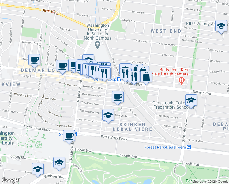 map of restaurants, bars, coffee shops, grocery stores, and more near 6047 Westminster Place in St. Louis