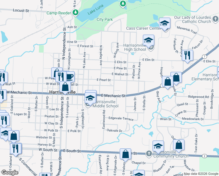 map of restaurants, bars, coffee shops, grocery stores, and more near 804 East Mechanic Street in Harrisonville