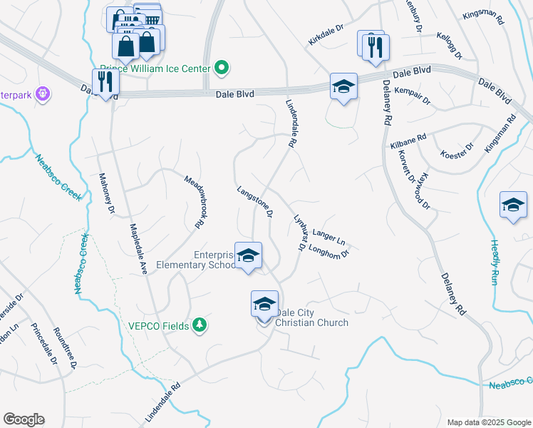 map of restaurants, bars, coffee shops, grocery stores, and more near 13854 Langstone Drive in Woodbridge